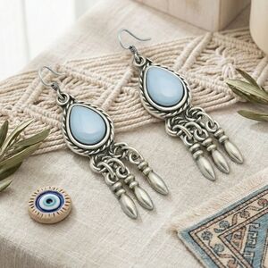 Boho Chic Handmade Dangle Earrings Turkish Zamak Silver Plated Turquoise